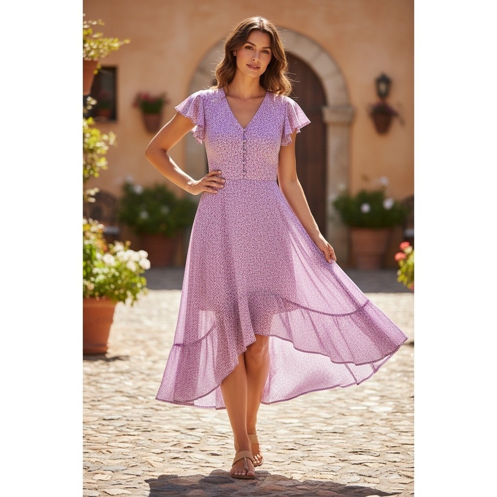 Vince Camuto MSRP $119 - Windswept Wonder Violet Blush Leopard Midi Dress XS - Picture 2 of 5